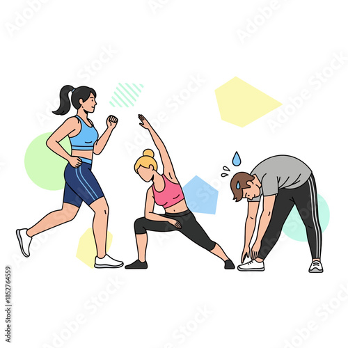 Dynamic fitness and exercise routines showcasing women and a man engaging in physical activities