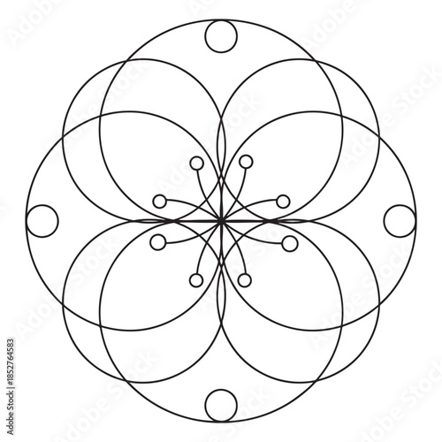 this image features a captivating geometric pattern formed by interlocking circles and lines, creating a symmetrical and balanced design. the central motif resembles an abstract flower or mandala, wit