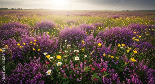 Vibrant Lavender Field at Sunrise with Wildflowers.