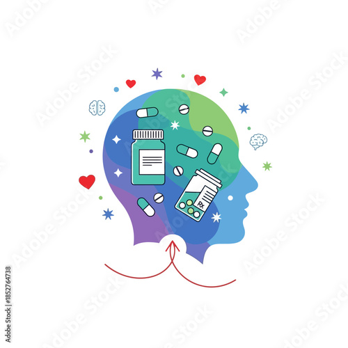 Creative Illustration of Pharmaceutical and Medical Elements Inside a Human Head Profile