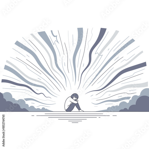 Solitary figure contemplating vast abstract sky with dynamic radiating lines and atmospheric clouds