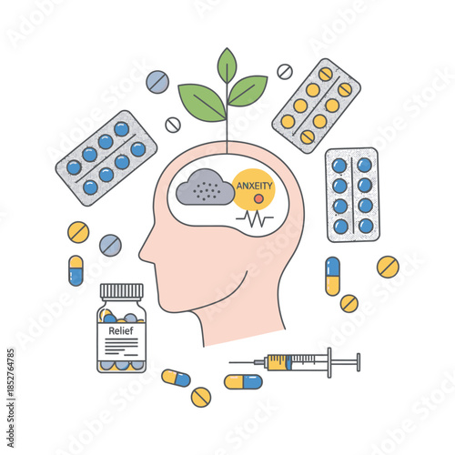 Innovative illustration of brain health and medication management with modern medical elements and
