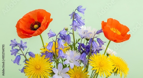 Vibrant Wildflower Bouquet with Poppies Bluebells and Dandelions.