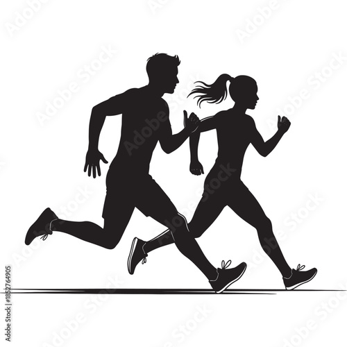 This image showcases the silhouettes of a male and female athlete running together, captured in dynamic motion. The contrast of black figures against a white background highlights the athleticism 