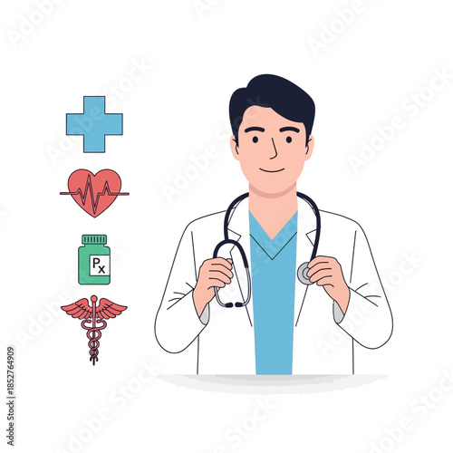 illustration of a confident young male doctor with stethoscope healthcare profession medical