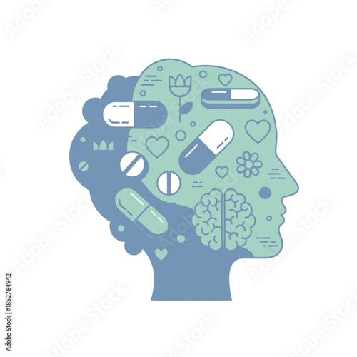 Illustration of Mind and Medication Influences with Brain and Pill Symbols Representing Mental