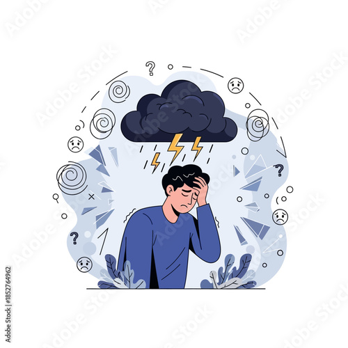 Depiction of a distressed young man overwhelmed by mental stress and anxiety with stormy cloud and