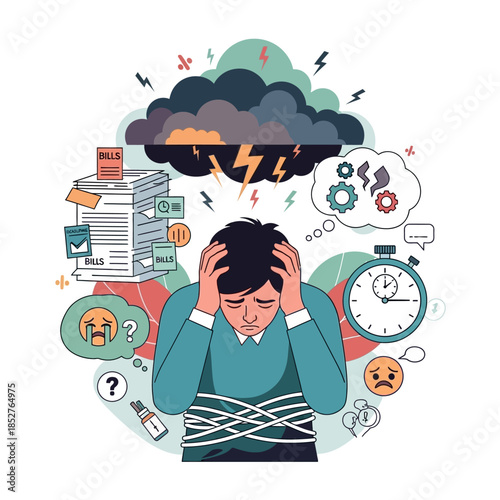 Stress and Anxiety Overwhelming a Person with Emotional and Mental Strain in a Complex Environment