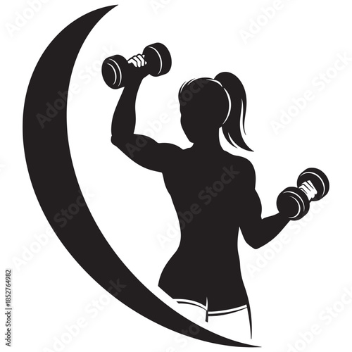 Vector illustration of a strong woman lifting dumbbells, symbolizing fitness, strength, and empowerment. This hand-drawn design is ideal for fitness-related projects, gym branding, and health-focused 