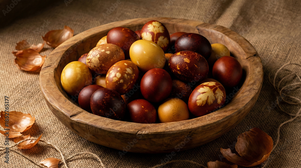 Obraz premium Rustic Wooden Bowl Filled with Onion Dyed Eggs
