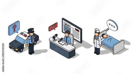 Isometric vector set illustrating public service communication police officer and car, news reporter desk, and doctor with patient in a hospital setting