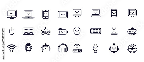 Set of computer, laptop, mobile, keyboard, mouse, robot and other device technology icons