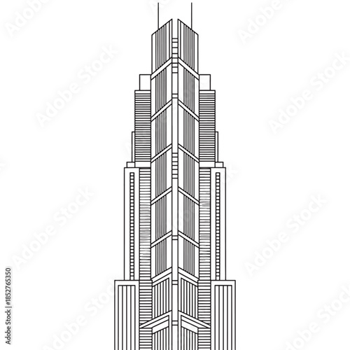 Minimal black and white line art illustration of a modern skyscraper building in symmetrical geometric style. Architectural outline drawing featuring a tall high-rise tower with vertical lines and det