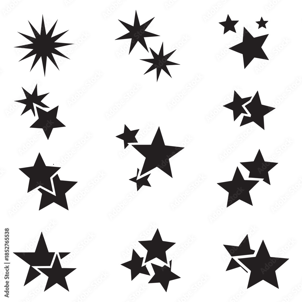 Obraz premium Set of black star silhouettes and starburst icons in different styles and sizes, featuring minimalist monochrome design perfect for logos, decorations, celebrations, night sky themes, abstract graphic