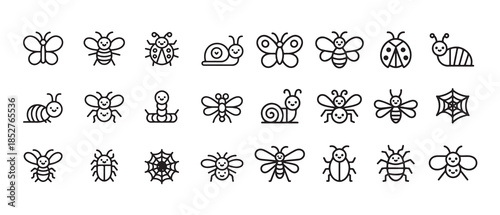 Set of cute butterfly, bee, ladybug, snail and other insect cartoon character icons