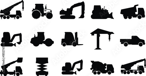 Construction machinery silhouettes featuring trucks, cranes, excavators, tractors, forklifts, loaders, mixers, and industrial heavy equipment icons for building and engineering projects