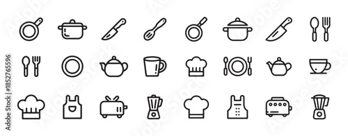 Set of kitchenware, cooking utensils, chef hat, apron and other cooking related icons