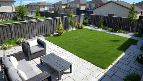 Serene Backyard with Rectangular Lawn Surrounded by Greenery and Fences