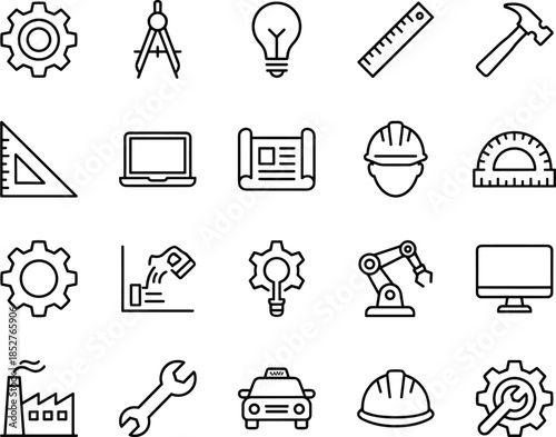 Engineering and industrial line icons featuring tools, machinery, construction symbols, gears, drafting instruments, factory elements, technology devices, automation, and mechanical equipment
