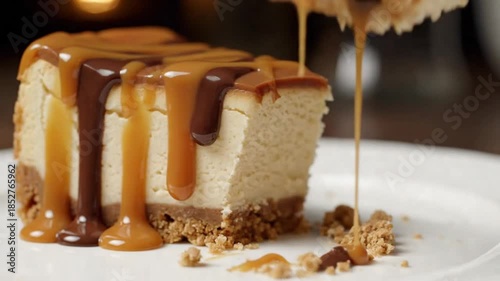 Overhead Cheesecake Slice with Caramel and Chocolate Drizzle – Creamy Dessert with Golden Crust