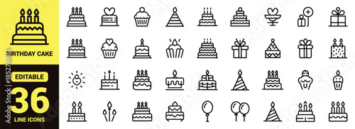 A collection of various black and white outlined icons depicting cakes party hats and celebratory elements, birthday cake, food