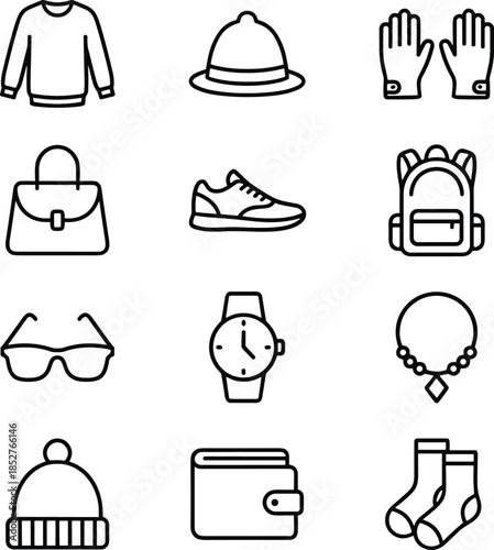 Fashion accessories icon set featuring clothing items, bags, shoes, hats, jewelry, gloves, glasses, and wallet in simple modern line style