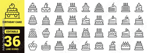 A collection of various black and white outlined icons depicting cakes party hats and celebratory elements, birthday cake, food