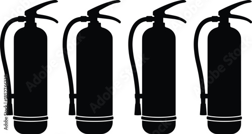 Fire extinguisher silhouette set in black and white, safety equipment illustration, emergency fire protection graphic, isolated extinguishers design for prevention themes