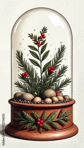 Decorative snow globe with pine and holly berries display  