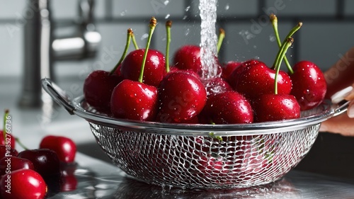 Washing fresh red cherries under running water a metal colander, preparing clean sweet healthy fruit