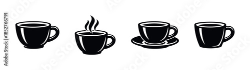 Coffee cup collection, mugs, steaming cups in flat vector illustration style
