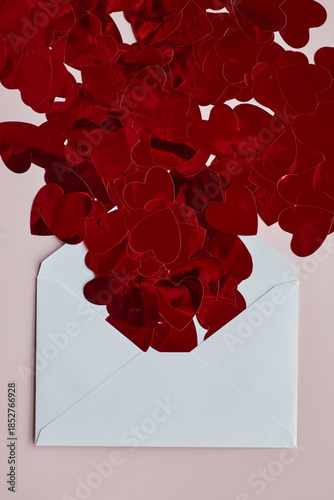 Closeup shot of shiny burgundy confetti in the shape of hearts s