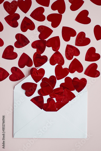 Closeup shot of shiny burgundy confetti in the shape of hearts s