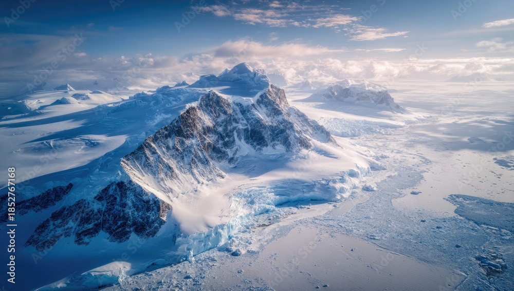 Naklejka premium Aerial shot of a vast, icy mountain range under a bright, cloudy sky
