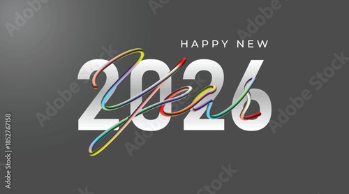 A bold New Year greeting featuring the white 2026 numerals interwoven with a vibrant ribbon, set against a dark gray gradient. Modern, festive, and ideal for holiday cards and stock projects.