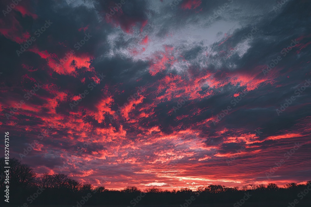 Fototapeta premium A dramatic sky ablaze with crimson hues after sunset over a dark silhouetted treeline