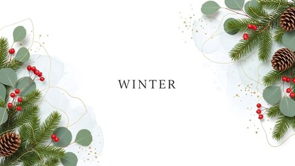 Festive winter frame design featuring pine cones and eucalyptus on a white background