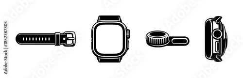 Smartwatch set, symbols, buttons, straps, flat vector illustration