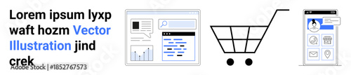 E-commerce, online shopping, marketing, analytics, digital retail, mobile apps. A website analytics dashboard, shopping cart icon and mobile storefront. E-commerce and online shopping concept