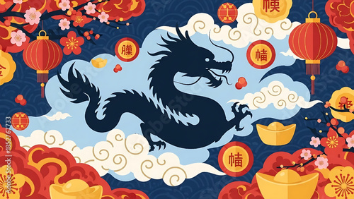 Chinese New Year illustration with dragon silhouette, lanterns, clouds, and lucky symbols