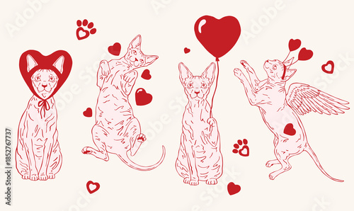 Valentine's Day hand-drawn vector illustration set of Sphynx cats with hearts. Romantic collection perfect for apparel, cards, gifts, patterns, and creative design projects