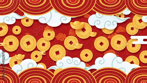 Chinese New Year pattern with gold coins, clouds, and red ornamental background.