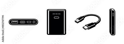 Power bank vector illustration, charger and cable icons, flat vector style