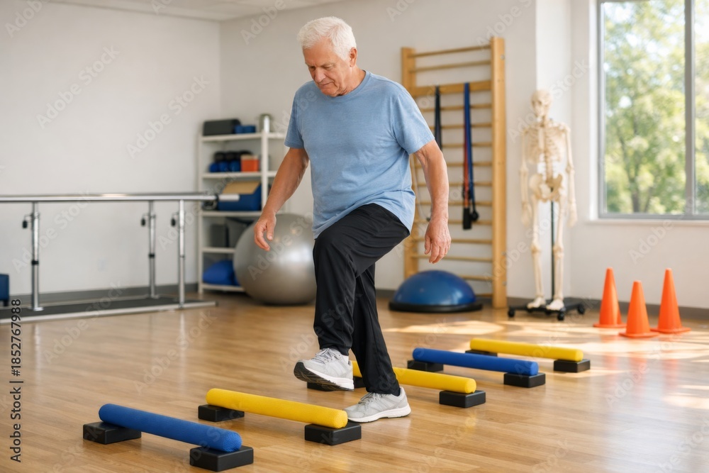 Fototapeta premium Older adult man exercising on colored balance beams in a rehabilitation center.