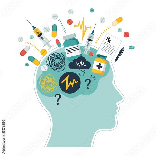 Illustration of a Human Head Filled with Medical Items Symbolizing Mental Health and Medical Care