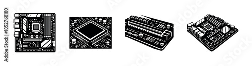 Computer motherboard components, flat vector illustration, circuit board design
