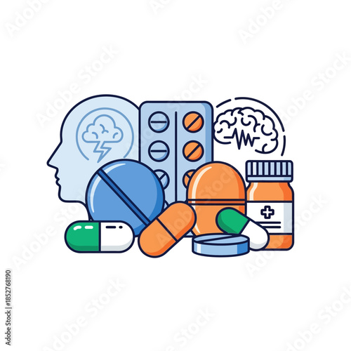 Comprehensive illustration of mental health and medication management with human profiles and