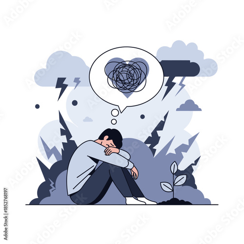 Emotional distress and mental health struggles depicted through a solitary figure amidst stormy