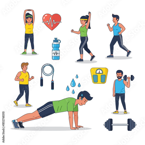 Comprehensive Fitness and Health Illustration Highlighting Exercise, Nutrition, and Wellness