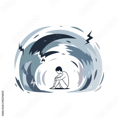 Young person sitting alone in a swirling dark stormy universe symbolizing loneliness and